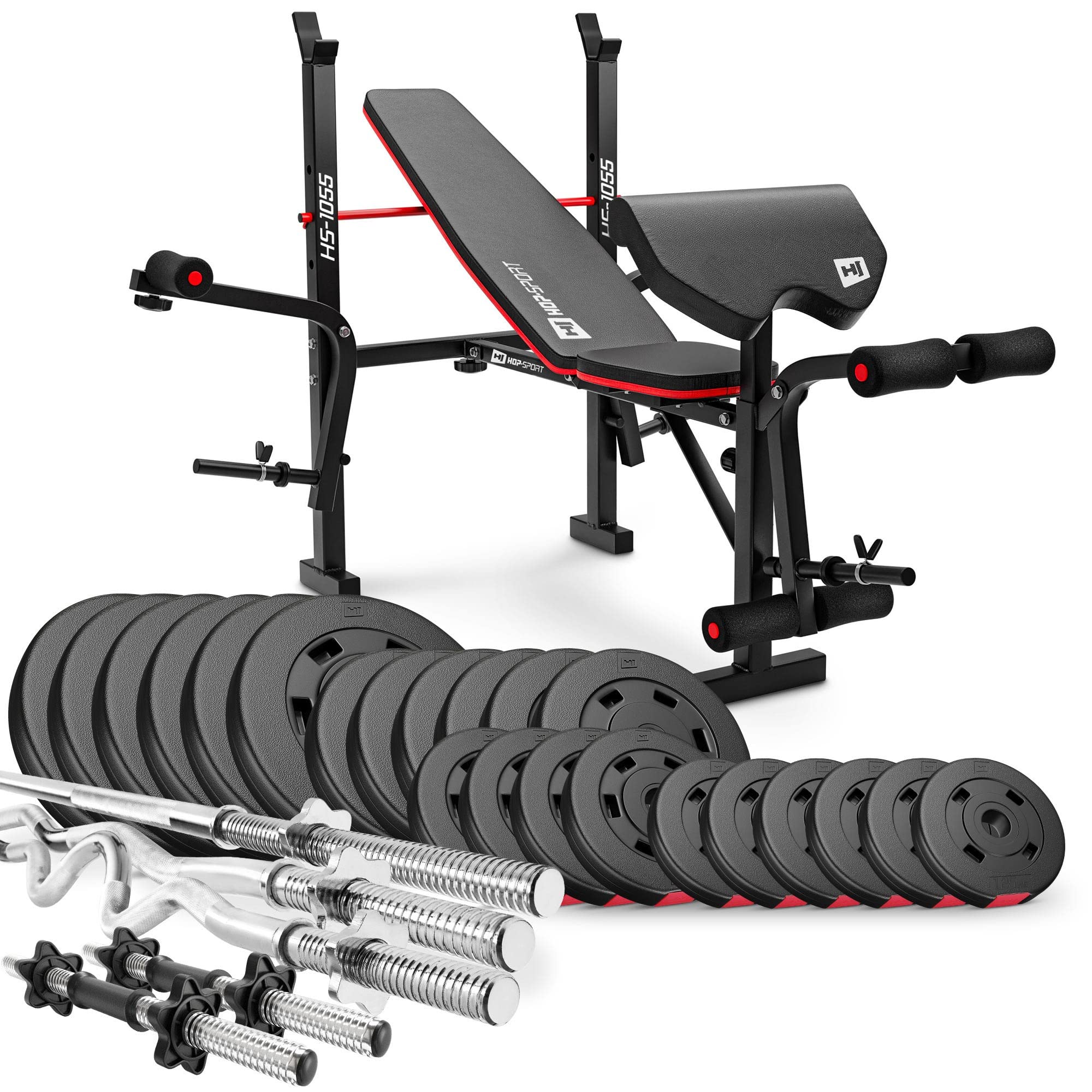 Hop-Sport Hantelbank mit Curlpult, Butterfly, Beincurler & klappbarer Trainingsbank, inkl. 129,5 kg Hantelset, SZ-Stange, Langhantel, Kurzhanteln – Fitnessbank für Heimtraining